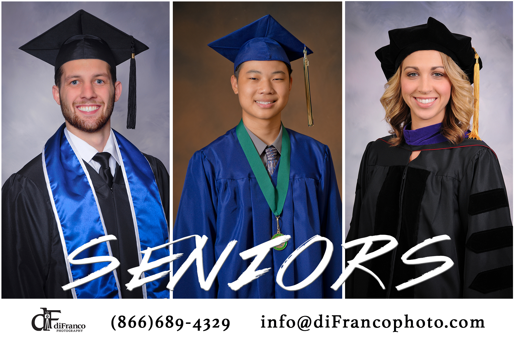 Pictures of graduates in their cap and gown taken by diFranco Photography during Grad Fair.
