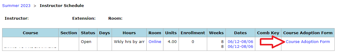 Image of location of Adoption Form button on the Faculty Portal page